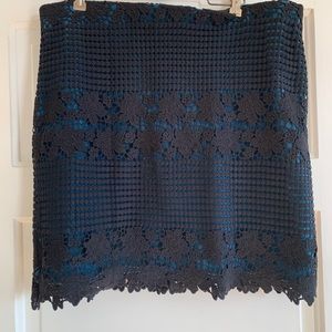 Ann Taylor Loft Fitted Black Crochet Lace Skirt Blue Silky Lining